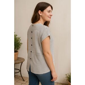 J. Jill Wearever Top S Striped Button Back Cap Sleeve Minimalist Normcore Casual